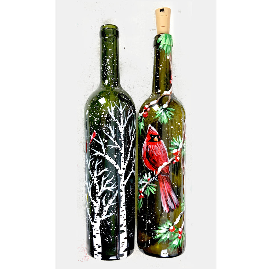 Winter Cardinals Wine Bottle Painting Instructor Vera