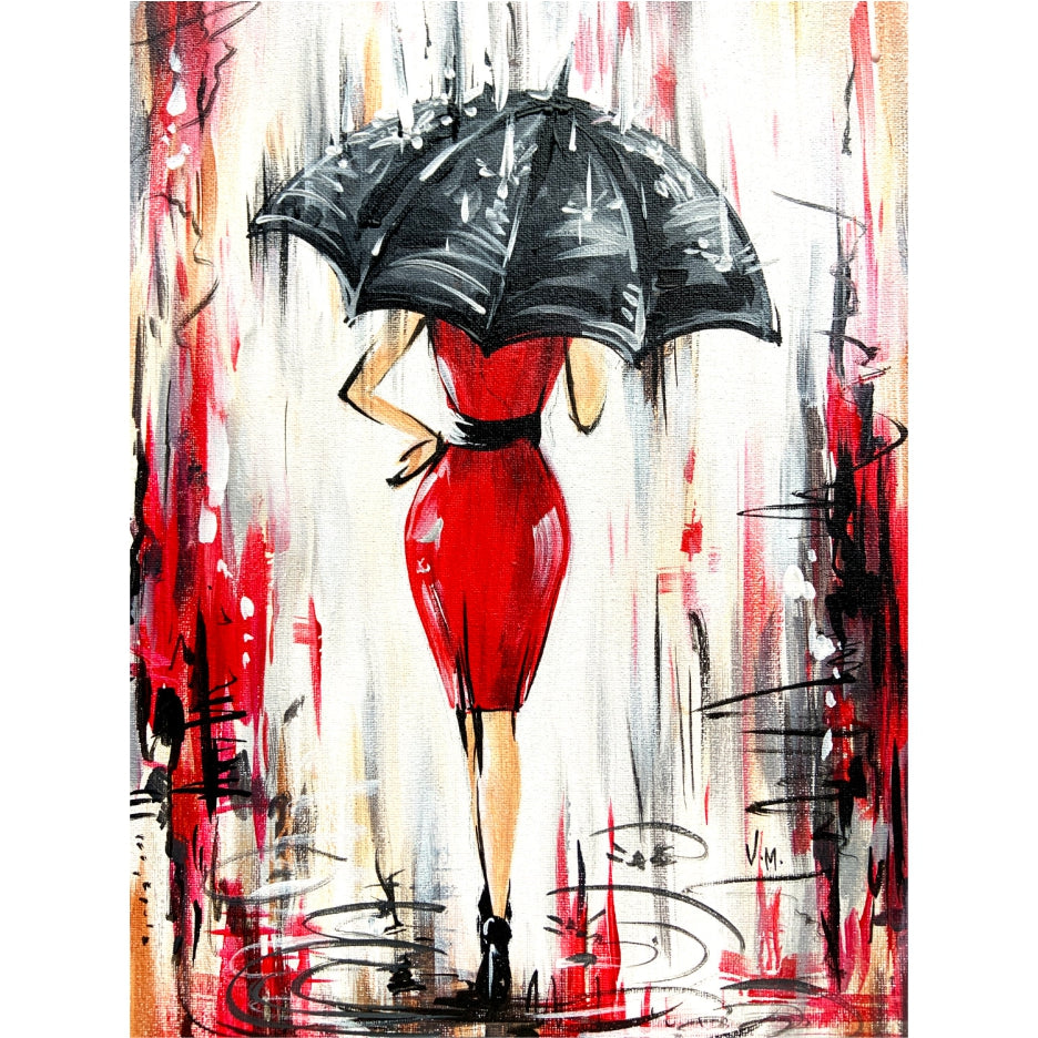 fitted lace wedding dress Rainy Elegance – Woman with Umbrella Hand-Painted Figurative Canvas – My  Modern Art main image 1